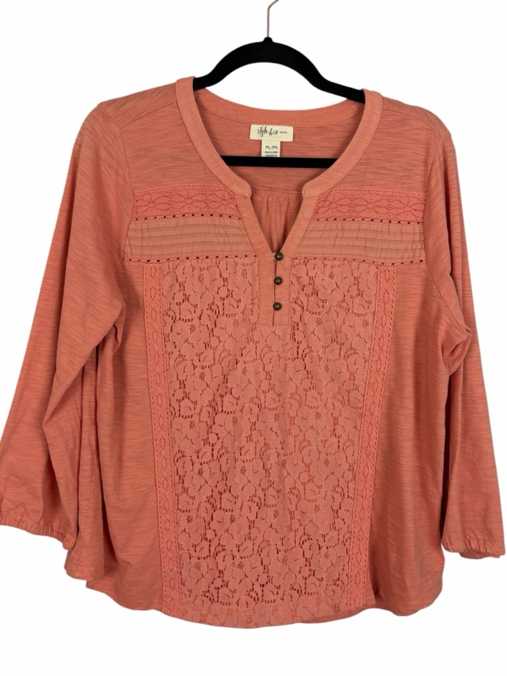 Style & Co Petite Coral Lace Panel Blouse 3/4 Sleeve Boho Top Petite Large